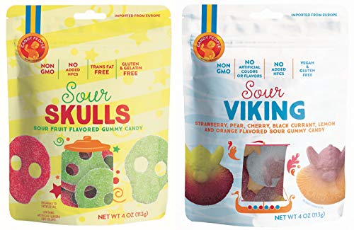 Product Cover Candy People Sour Skulls and Sour Vikings Fruit Flavored Swedish Gummy Candy 4 Ounce - Non-GMO, Gluten-Free, No Added High Fructose Corn Syrup (2 Pack)