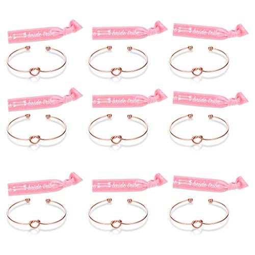 Product Cover Mookoo Bridesmaid Bracelets 5 pcs Love Knot Open Bangle with Bride Tribe Hair tie for Best Friend, BFF of The Bride Wedding Gift (9 Rose Gold with Pink Hair tie)