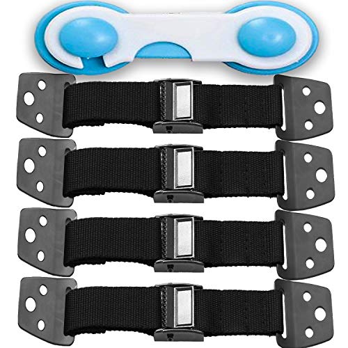 Product Cover METAL Anti Tip Furniture Kit - TV Straps Safety (4 PACK+ 1 LOCK) Earthquake Straps - Furniture Anchors For Baby Proofing - Wall Straps For Flat Screen - Child Proof Mounting Strap, Childproof Holder