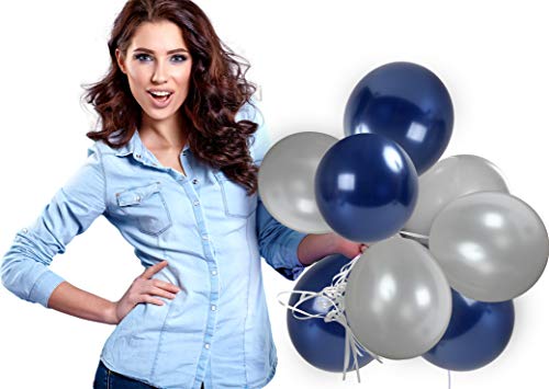 Product Cover Silver and Navy Blue Metallic Balloons Midnight Balloon Pack of 72 with Curling Ribbon for Birthday Wedding Bachelorette Bridal Shower Party Supplies