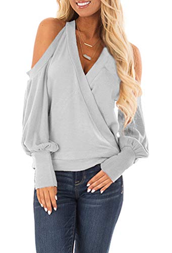 Product Cover Yingkis Women's Cold Shoulder Tops Long Sleeve Deep V-Neck Wrap Front Blouse Loose Pullover