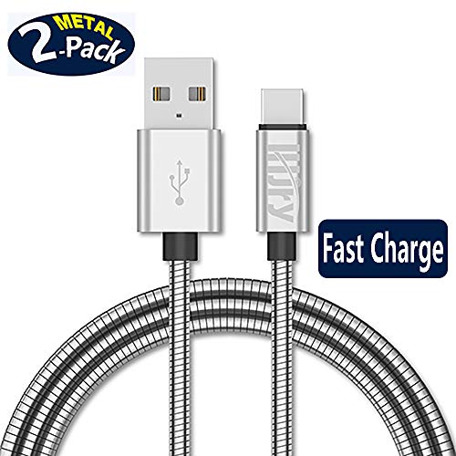Product Cover LHJRY USB C Cable, [6.6ft 2 Pack] Metal Indestructible Chew Proof 3A Fast Charging,Charger Cord, for Samsung Galaxy S10 S9 S8 Plus Note 10/9/8, LG V20 G5 6P, Moto G6, OnePlus 5T, HTC 10 (Silver)