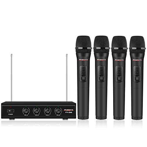 Product Cover 4 Channel VHF Wireless Microphone, Phenyx Pro 4-Channel Wireless Microphone System with 4 Handheld Mics, Metal Receiver, Long Distance Operation, Ideal for Church, Party, Outdoor Events (PTV-2000A)