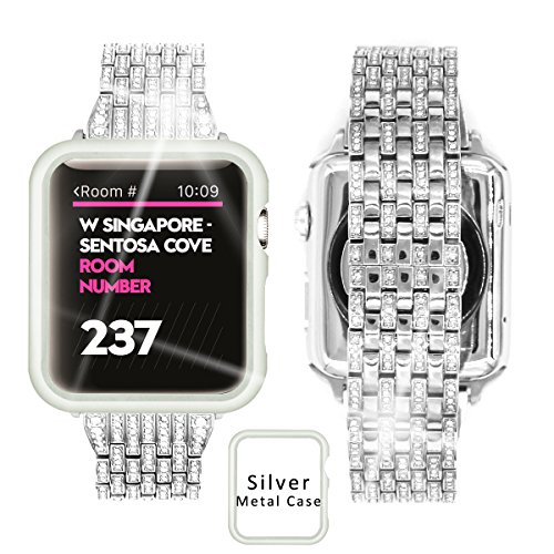Product Cover Ezzdo Apple Watch Diamond Band 44mm Series 4, Rhinestone Luxury Diamond Stainless Steel Replacement Bands with Case for Apple Watch 42mm 44mm Series 1/2/3 (Silver, 44mm)