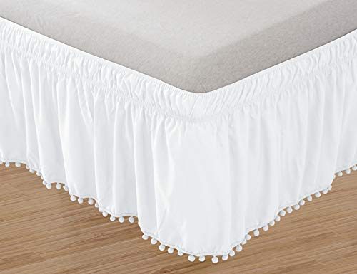 Product Cover Elegant Comfort POM-POM-BedSkirt-Queen/King White Top-Knot Tassle Pompom Fringe Ruffle Skirt Around Style Elastic Bed Wrap-Wrinkle Resistant 16