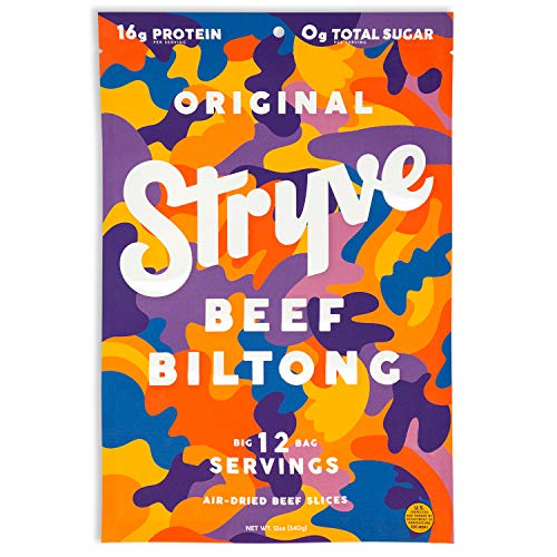 Product Cover Stryve Biltong, Beef Jerky without the Junky. 16g Protein, Sugar Free, No Carbs, Gluten Free, No Nitrates, No MSG, No Preservatives. Keto and Paleo Friendly. Original, 12oz