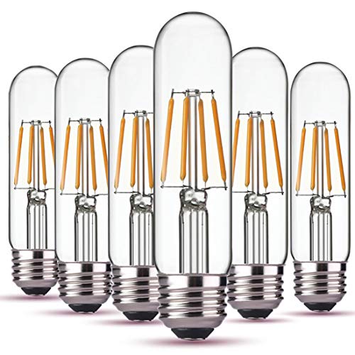 Product Cover Dimmable T10 LED Bulbs,Tubular Edison Style LED Filament Bulb,4W T10 Vintage Led Light Bulb, E26 Medium Base, 2700K Warm White,400LM,Clear Glass Cover, 6Pack(2 Year Warranty)