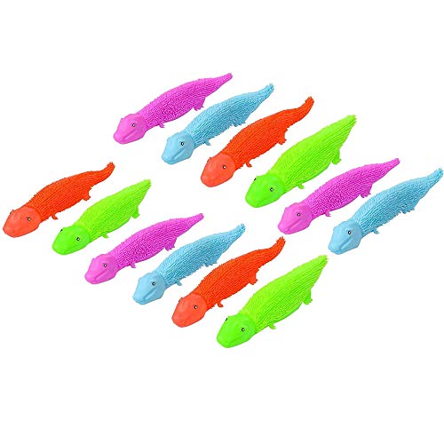 Product Cover Kicko 9.5 Inch Fuzzy Dinosaur Slingshots - Pack of 12 Vibrant Puffer-Like Stretchy Finger Rockets for Kids - Flying Games, for Outdoor Activities - Party Favors