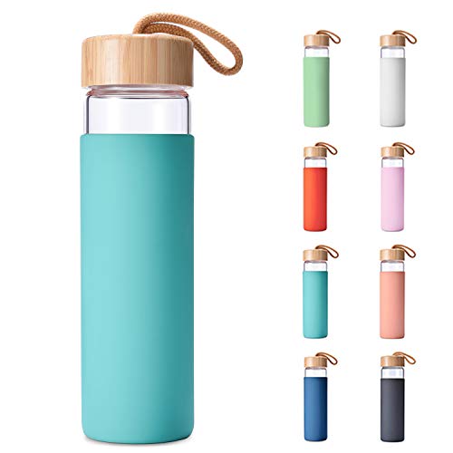 Product Cover Yomious Borosilicate Glass Water Bottle with Bamboo Lid and Silicone Sleeve - 20 oz - BPA Free - Eco Friendly and Reusable - Leak Proof Design - Carry Strap Built Into Lid (Arcadia)