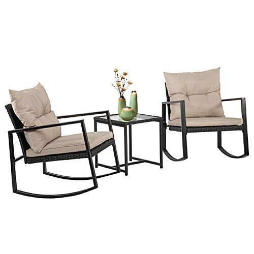 Product Cover Wicker Patio Furniture Sets Outdoor Bistro Set Rocking Chair 3 Piece Patio Set Rattan Chair Conversation Set for Backyard Porch Poolside Lawn with Coffee Table,Black