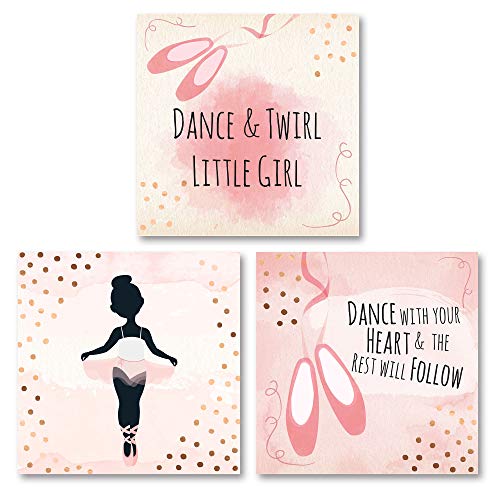 Product Cover Adorable Black and Pink Dance & Twirl Little Girl and Dance with Your Heart The Rest Will Follow Ballerina Set; Nursery or Child's Room Decor; Three 12x12in Unframed Paper Posters