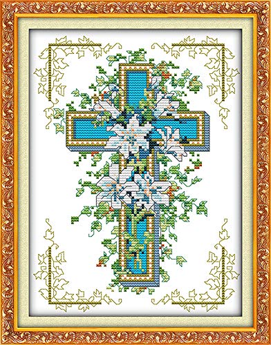Product Cover Cross Stitch Stamped Kits Pre-Printed Cross-Stitching Starter Patterns for Beginner Kids or Adults, Embroidery Needlepoint Kits The Cross Lily