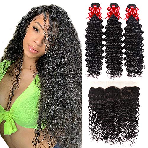 Product Cover Brazilian Virgin Hair Deep Wave 3 Bundles with Lace Frontal Unprocessed Virgin Human Hair Ear to Ear Lace Frontal with Bundles Natural Color Human Hair Extensions (22 24 26+20)