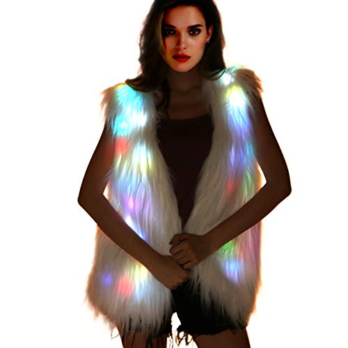 Product Cover Light Up Jacket Women Faux Fur Coat Furry Led Vest Glow Waistcoat White Fuzzy Burning Man Ravewear Light Up Costumes
