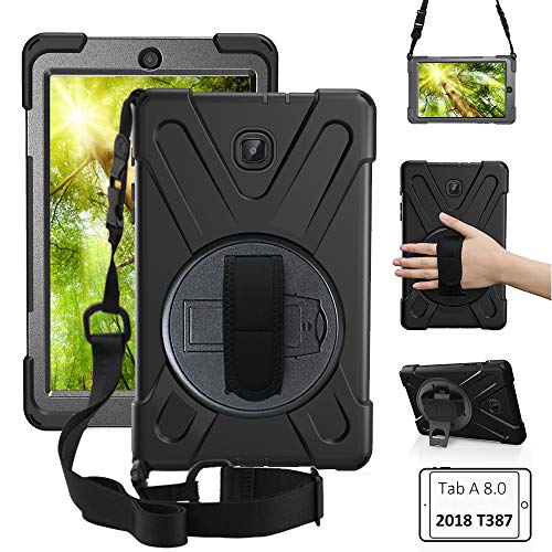 Product Cover zenrich New Galaxy Tab A 8.0 2018 Case,360 Rotatable w/Kickstand,Hand Strap & Shoulder Grip, 3 Layer Hybrid Heavy Duty Shockproof Cover for Samsung Galaxy Tab A 8.0 SM-T387 T387 Verizon/Sprint Black
