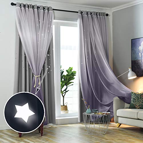 Product Cover Hughapy Star Curtains Stars Blackout Curtains for Kids Girls Bedroom Living Room Double Layer Star Cut Out Sparkle Blackout Gradient Window Curtains, 1 Panel -(52W x 63L, Grey)