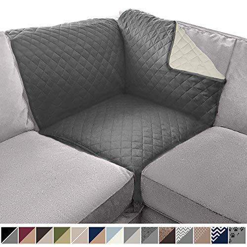Product Cover SOFA SHIELD Original Patent Pending Reversible Sofa Corner Sectional Protector, 30x30 Inch, Washable Furniture Protector, 2 Inch Strap, Sectional Corner Slip Cover for Pets, Dogs, Kids, Charcoal Linen