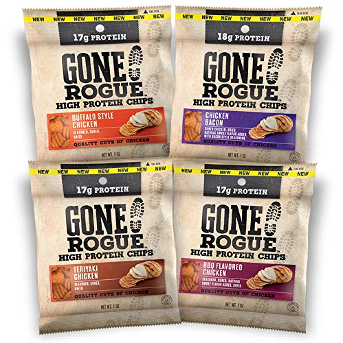 Product Cover Gone Rogue High Protein Chips, Low Carb, Gluten Free, Keto Friendly Snacks - Variety Pack, 4 pack, 4 Flavors: Chicken Bacon, Buffalo Style Chicken, Teriyaki Chicken & BBQ Chicken