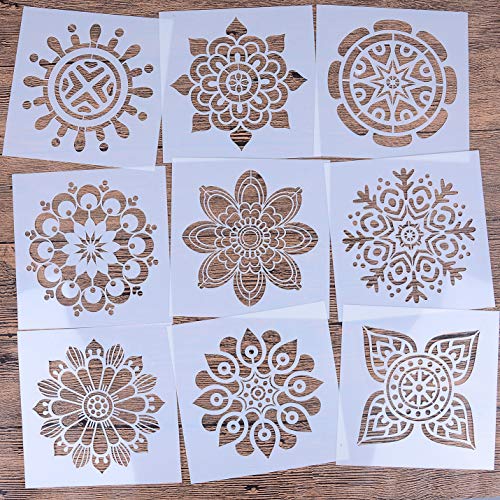 Product Cover LOCOLO Reusable Mandala Floor Stencil Set of 9 (6 x 6 inch) Painting Stencil, Laser Cut Painting Template Floor Wall Tile Fabric Wood Stencils?DIY Decor