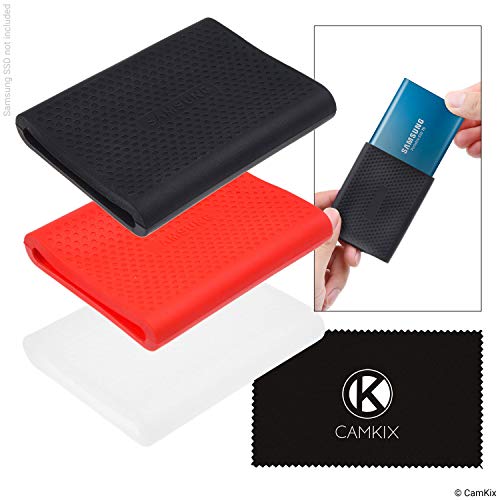 Product Cover CAMKIX Sleeve Compatible with Samsung T5 / T3 / T1 SSD - Set of 3 - Silicone Scratch and Shock Proof Case - Red, Black and Transparent - Non-Slip Rubber Skin for Your External Drive