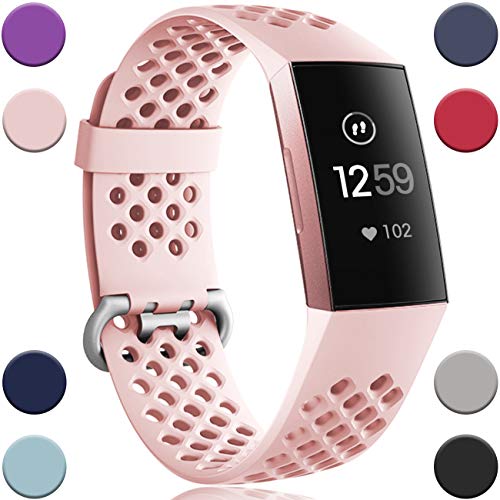 Product Cover Wepro Bands Replacement Compatible Fitbit Charge 3 for Women Men Large, Waterproof Breathable Holes Watch Sport Strap Accessories for Fitbit Charge 3 SE Fitness Tracker, Pink Sand