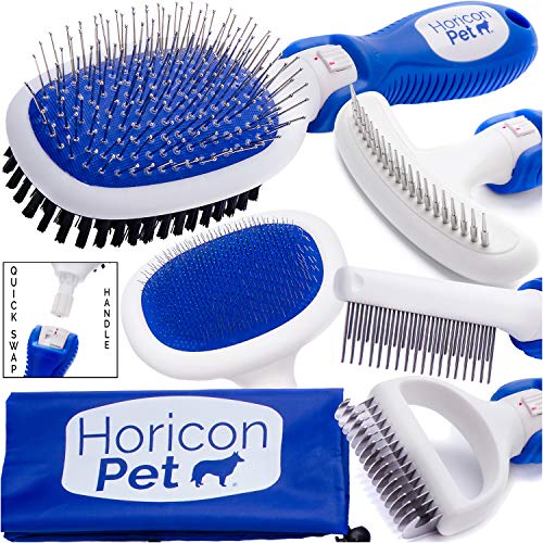 Product Cover Horicon Pet Premium Dog Brush Set Interchangeable Dog Grooming Brushes - Dematting Undercoat Comb, Slicker Brush, Deshedding Edge Comb, Spring Comb, Ball Pin Brush, Bristle Brush