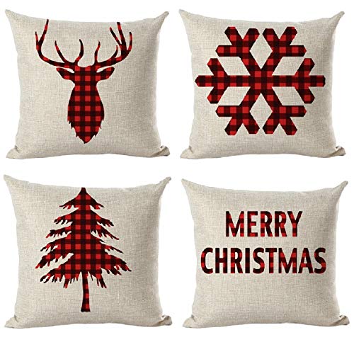 Product Cover Boomsea Set of 4 Christmas Decoration Red Plaid Pillow Covers 18x18 Home Couch Cotton Linen Pillowcase
