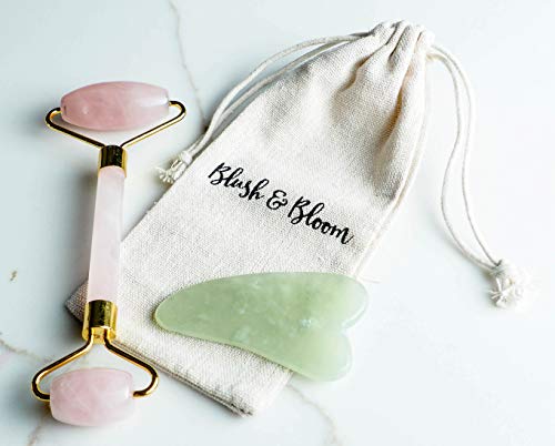 Product Cover Blush and Bloom Jade Roller for Face and Gua Sha Tool Set - Pink Rose Quartz Roller - Face Massager for Face Lift, Depuffing Eye Bags - Facial Roller for TMJ, Jaw Slimming, Anti-Aging