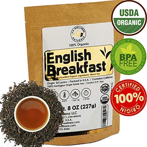 Product Cover English Breakfast Tea, CRISP, RICH & AROMATIC well-rounded loose leaf tea, 110+ cups, 8oz Organic Ceylon SINGLE ESTATE tea, 100% Harrington estate, OP grade tea, U.S.A. Processed & Quality Control