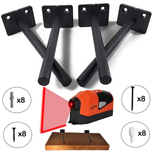 Product Cover Heavy Duty Floating Shelf Support Brackets, Includes Laser Level to Guarantee Level Shelves, Includes Wall Plugs and Screws, 4 Pack of 6 Inches Black Steel Bracket, DIY Concealed Shelf (Large Size)