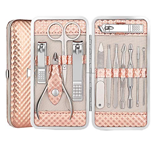 Product Cover Okbool Manicure Pedicure Set Nail Clipper Grooming Kit Professional Stainless Steel Scissors 12 In 1 With Travel Leather Case (Rose Gold)