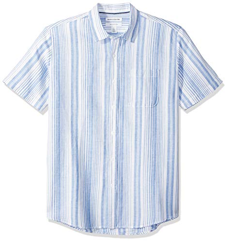 Product Cover Amazon Essentials Men's Regular-Fit Short-Sleeve Linen Cotton Shirt, Blue Stripe, Medium