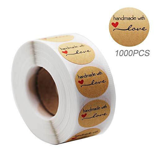 Product Cover YOGET 1000pcs 1'' Handmade with Love Stickers, Thank You Sticker Kraft Paper Sticker Roll