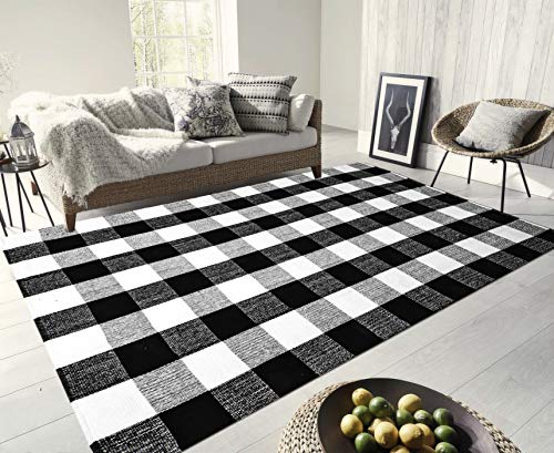 Product Cover [Egyptian Cotton Tree] 100% Hand-Woven Cotton Large Black & White Washable Rugs, Plaid Area Rug/Runner Rug/Washable Checkered Rug for Kitchen/Door Way/Laundry(67