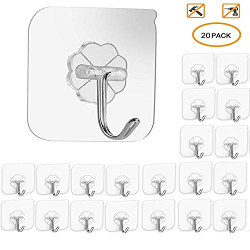 Product Cover Transparent Adhesive Hooks 44 lb/ 20 kg(Max), Waterproof and Oilproof Reusable Seamless Hooks, Heavy Duty Wall Hook for Kitchen Bathroom Office-20Pack