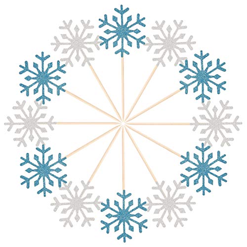 Product Cover Donoter 60Ct Glitter Christmas Snowflake Cupcake Toppers Party Cake Picks Decoration for Wedding Baby Shower Winter Birthday (Silver and Blue)