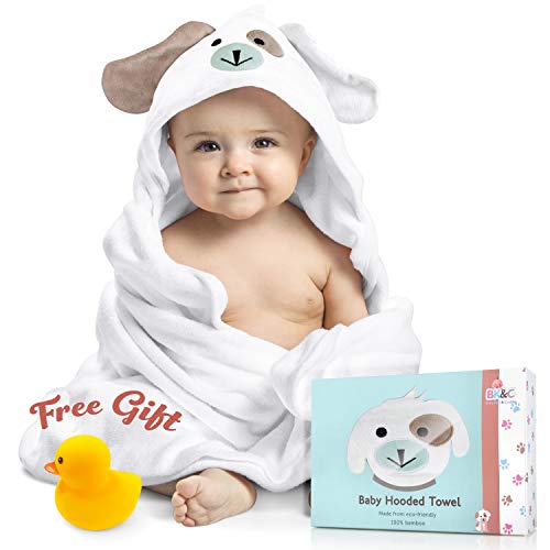 Product Cover Baby Hooded Towel 100% Organic Bamboo Cotton. Super Absorbent, for Boys and Girls. Super Soft, X-Large, 35 x 35 inches. Perfect Baby Shower Gift with Bonus Washcloth and Greeting Card (White-Puppy)