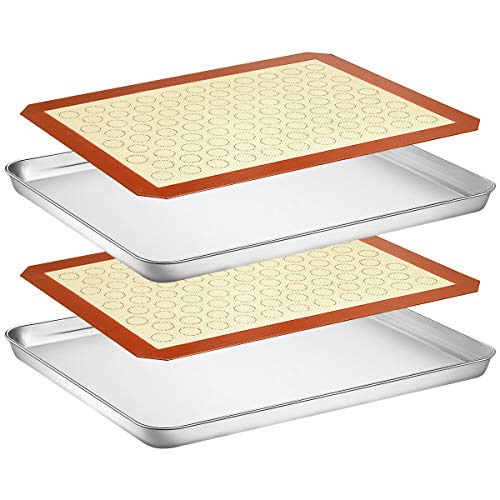 Product Cover Wildone Baking Sheet with Silicone Mat Set, Set of 4 (2 Sheets + 2 Mats), Wildone Stainless Steel Cookie Sheet Baking Pan with Silicone Mat, Size 16 x 12 x 1 inch, Non Toxic & Heavy Duty & Easy Clean