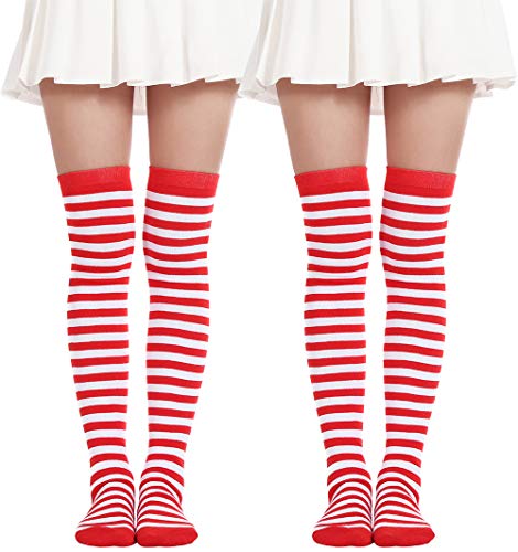 Product Cover Women's Over Knee Long Sock Striped Thigh High Socks Girl Long Knitting Socks Cute Cosplay Stockings(2 Pairs Red White socks)
