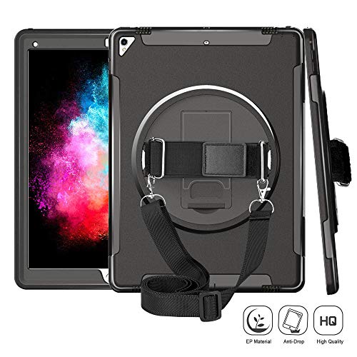 Product Cover iPad Pro 12.9 Case for Kids, iPad Pro 2nd Generation Case Cover, Three Layer Heavy Duty Shockproof Protective Case with Stand/Handle Hand Strap/Shoulder Strap for iPad Pro 12.9 Inch 2017/2015- Black