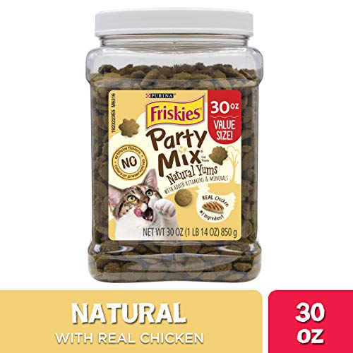 Product Cover Purina Friskies Made in USA Facilities, Natural Cat Treats, Party Mix Natural Yums With Real Chicken - 30 oz. Canister