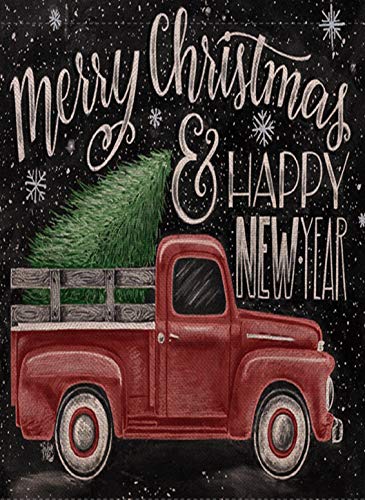Product Cover Selmad Home Decorative Merry Christmas Garden Flag Red Truck Double Sided, Rustic Xmas Quote House Yard Flag Pickup, Winter Holidays Garden Decorations, Happy New Year Seasonal Outdoor Flag 12 x 18