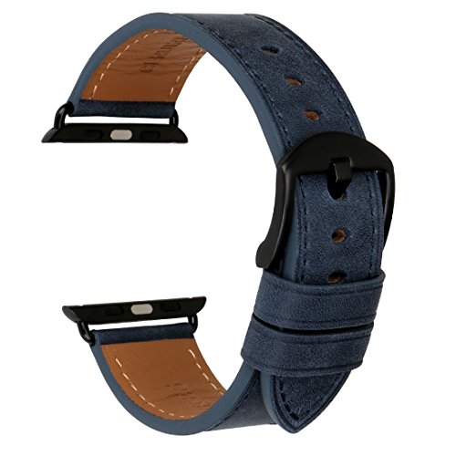 Product Cover MAIKES Compatible with Apple Watch Band 44mm 40mm 42mm 38mm, Genuine Leather Watch Strap Replacement for Apple Watch Series 4/3/2/1 iWatch (Blue+Black Buckle, 44mm)