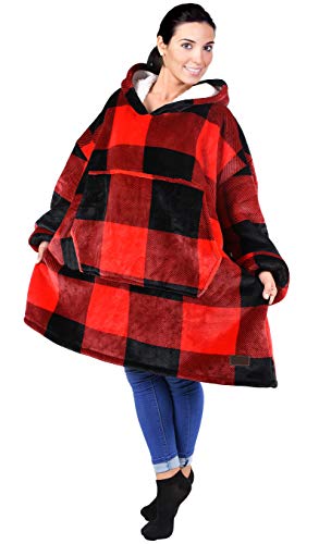 Product Cover Catalonia Oversized Hoodie Blanket Sweatshirt,Super Soft Warm Comfortable Sherpa Giant Pullover with Large Front Pocket,for Adults Men Women Teenagers Kids Wife Girlfriend,Red Plaid