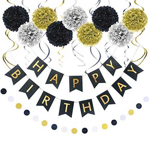 Product Cover LITAUS Birthday Decorations, Black and Gold Happy Birthday Decorations for Women -Serves 4- Happy Birthday Banner, Hanging Swirls, Paper Garland and Flowers for Kids Dini Party, Party Decorations