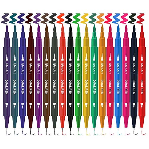 Product Cover 18 Pack Dual Brush Calligraphy Marker Pens for Beginners, Brush Tips & Colored Fine Point Journal Pen Set for Lettering Writing Coloring Drawing (School Office Art Supplies)