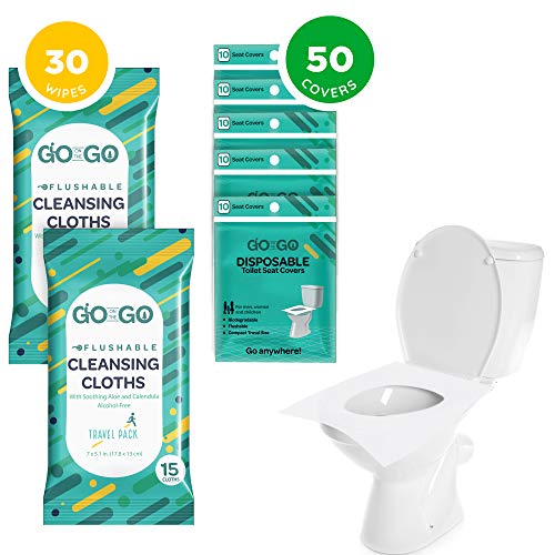 Product Cover Go on the Go Disposable Toilet Seat Covers for Travel - 50 Toilet Seat Covers Plus 30 Free Flushable Wet Wipes