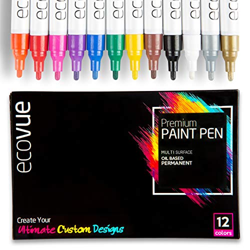 Product Cover Ecovue Vibrant Paint Pens - 12 Bold Colors in Vivid, Permanent, Fast Drying, Waterproof Ink | Multi Surface Paint Markers for Rocks, Ceramic Mugs, Wine Glass Art, Wood, Clay (Oil Based - Medium Tip)