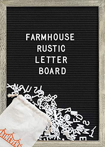 Product Cover Felt Letter Board with 12x17 Inch Rustic Wood Frame, Script Words, Precut Letters, Picture Hangers, Farmhouse Wall Decor, Shabby Chic Vintage Decor, Black Felt Message Board