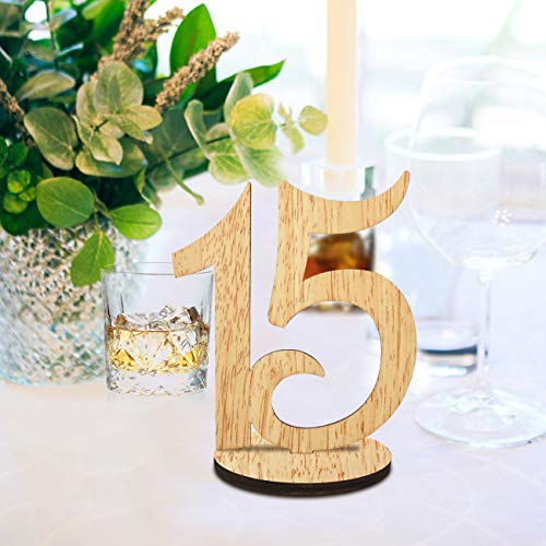 Product Cover ElekFX Table Numbers 1-15 Wedding Wooden Table Number Cards with Round Base Double Sided Design Table Holders for Wedding/Party Reception and Decoration